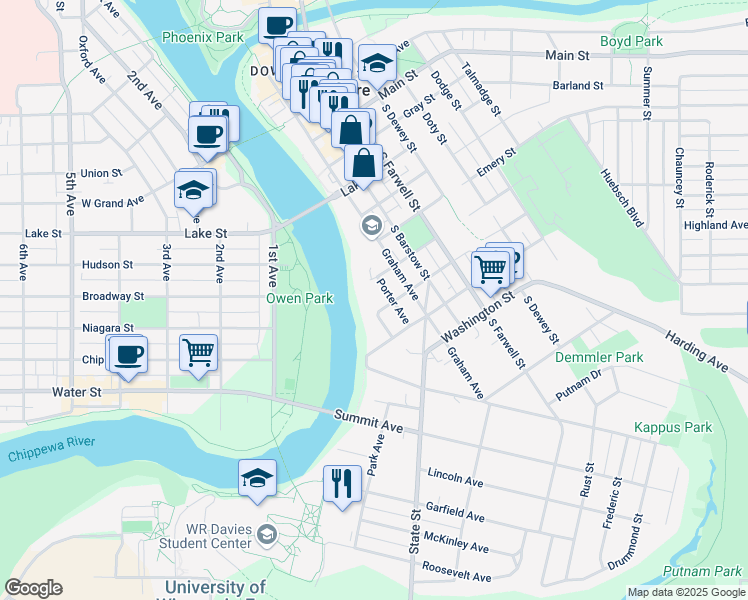 map of restaurants, bars, coffee shops, grocery stores, and more near 32 Newton Street in Eau Claire