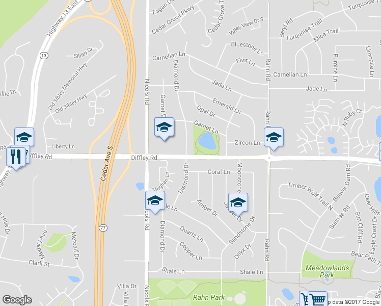 map of restaurants, bars, coffee shops, grocery stores, and more near 4196 Diamond Drive in Eagan