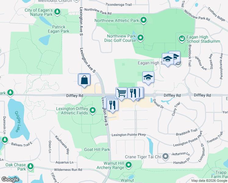 map of restaurants, bars, coffee shops, grocery stores, and more near 1025 Diffley Road in Eagan