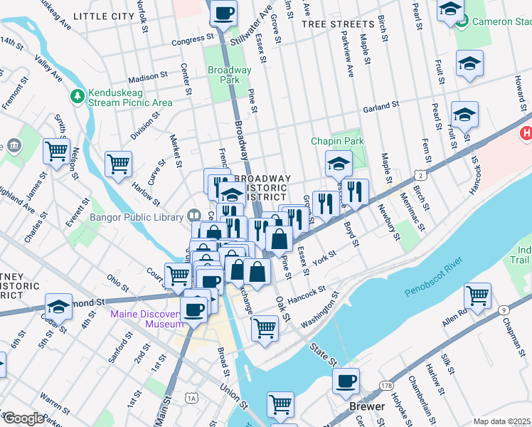 map of restaurants, bars, coffee shops, grocery stores, and more near 79 Broadway in Bangor