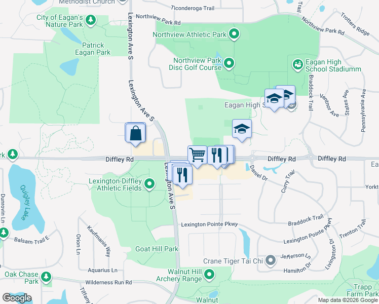 map of restaurants, bars, coffee shops, grocery stores, and more near 1025 Diffley Road in Eagan