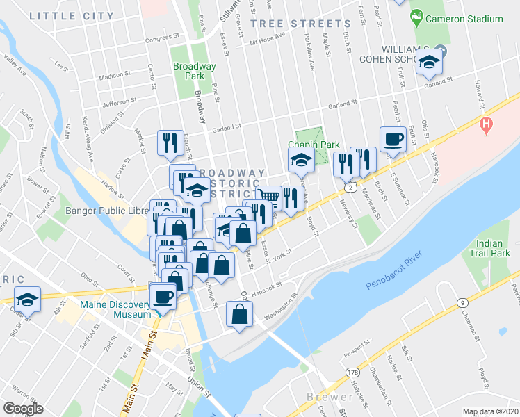 map of restaurants, bars, coffee shops, grocery stores, and more near 103 Essex Street in Bangor