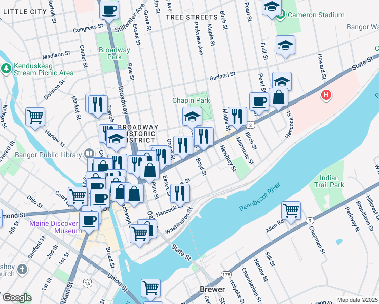 map of restaurants, bars, coffee shops, grocery stores, and more near 178 State Street in Bangor