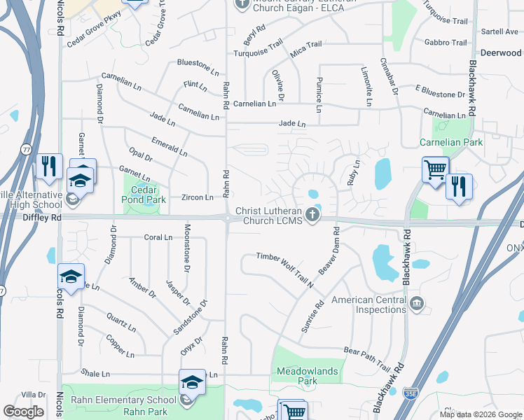 map of restaurants, bars, coffee shops, grocery stores, and more near 1975 Diffley Road in Eagan