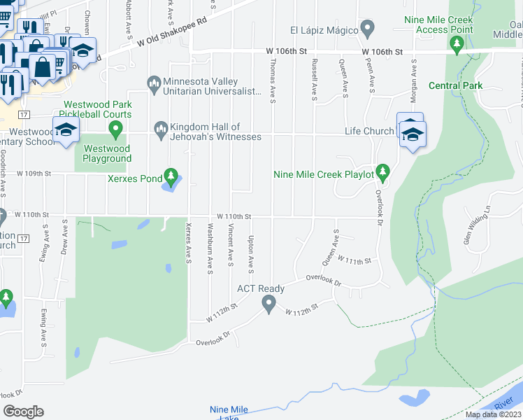 map of restaurants, bars, coffee shops, grocery stores, and more near 2710 West 110th Street in Minneapolis
