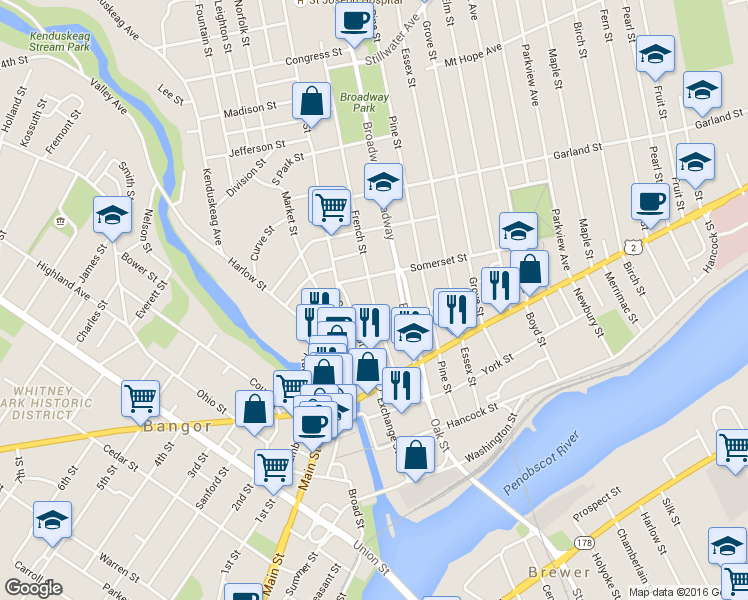map of restaurants, bars, coffee shops, grocery stores, and more near 225 French St in Bangor