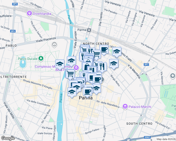map of restaurants, bars, coffee shops, grocery stores, and more near 17-29 Strada Giuseppe Garibaldi in Parma