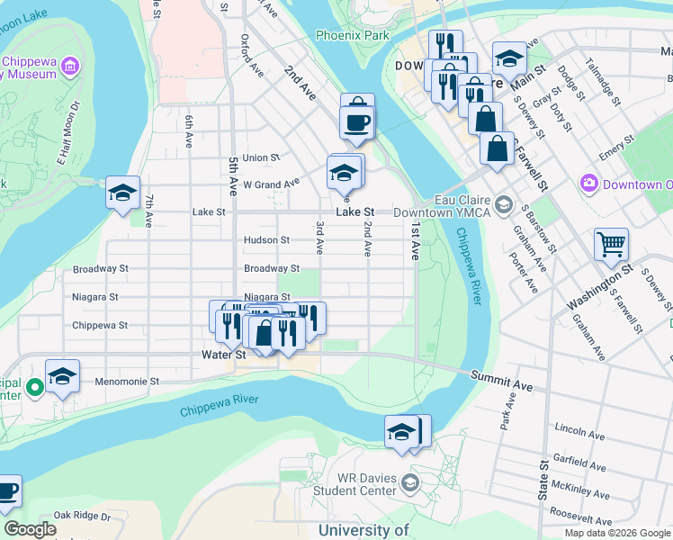 map of restaurants, bars, coffee shops, grocery stores, and more near 223 Broadway Street in Eau Claire