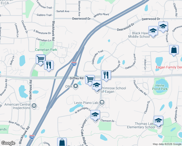 map of restaurants, bars, coffee shops, grocery stores, and more near 1664 Oakbrooke Way in Eagan