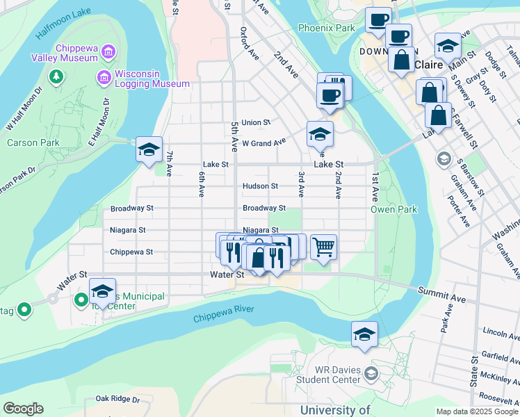 map of restaurants, bars, coffee shops, grocery stores, and more near 425 Broadway Street in Eau Claire