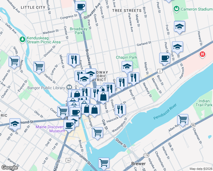 map of restaurants, bars, coffee shops, grocery stores, and more near 103 Essex Street in Bangor