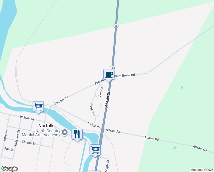 map of restaurants, bars, coffee shops, grocery stores, and more near 25 North Main Street in Norfolk