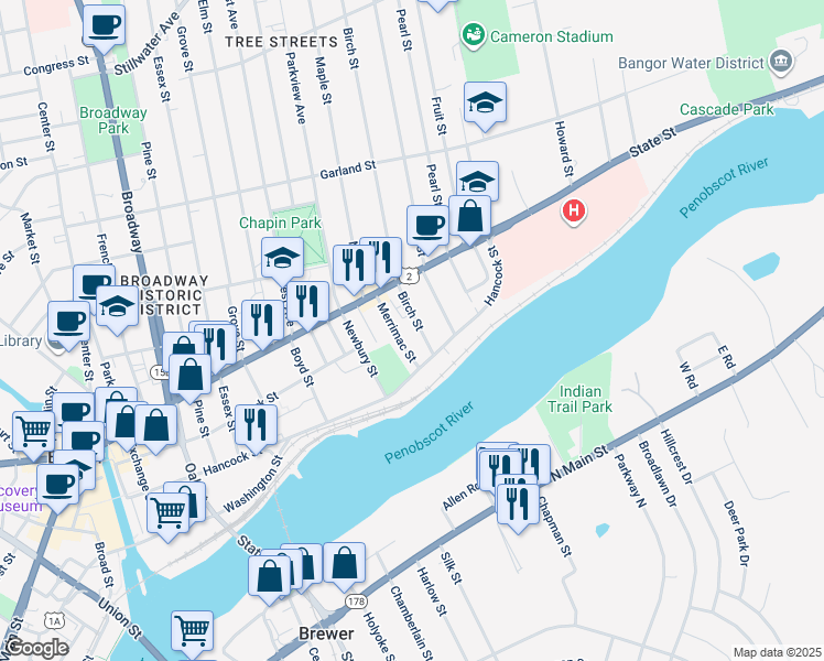 map of restaurants, bars, coffee shops, grocery stores, and more near 38 Merrimac Street in Bangor