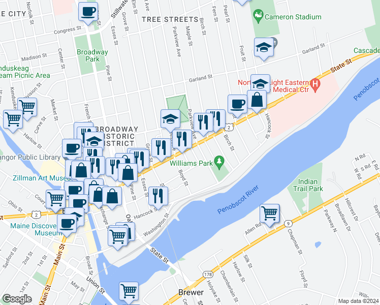 map of restaurants, bars, coffee shops, grocery stores, and more near 9 State Street Avenue in Bangor