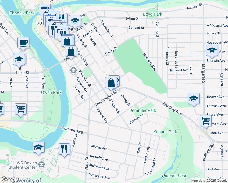 map of restaurants, bars, coffee shops, grocery stores, and more near 425 Washington Street in Eau Claire