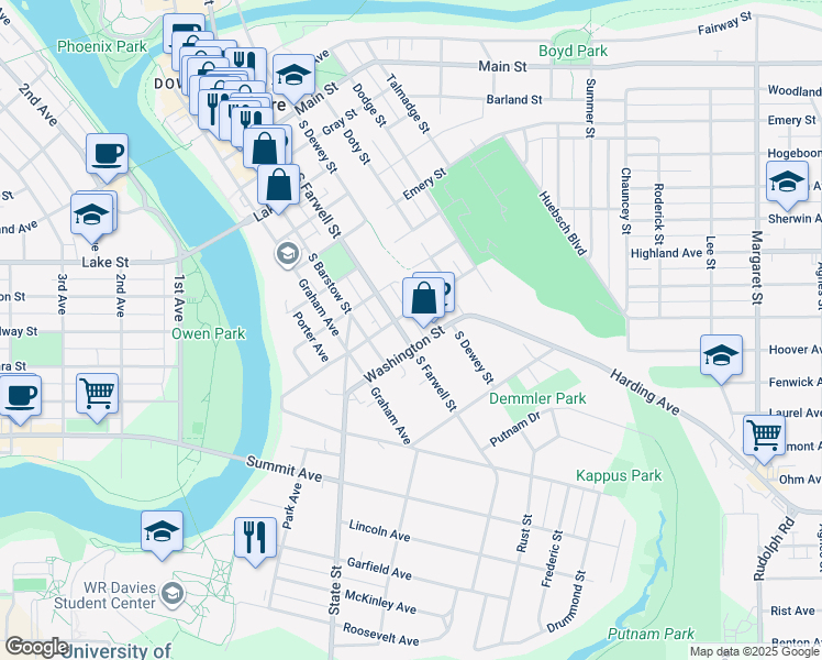 map of restaurants, bars, coffee shops, grocery stores, and more near 1105 South Barstow Street in Eau Claire