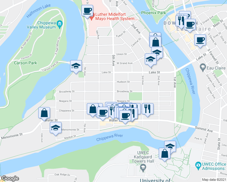 map of restaurants, bars, coffee shops, grocery stores, and more near 598 5th Avenue in Eau Claire