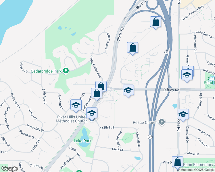 map of restaurants, bars, coffee shops, grocery stores, and more near Diffley Road in Burnsville