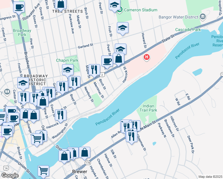 map of restaurants, bars, coffee shops, grocery stores, and more near 49 East Summer Street in Bangor
