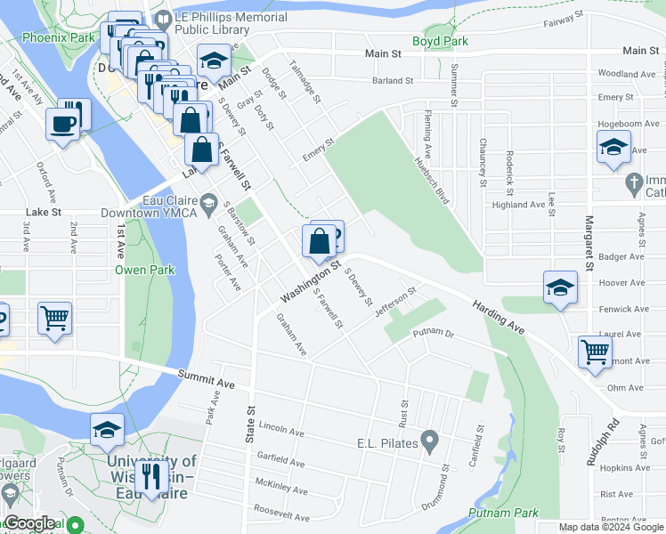 map of restaurants, bars, coffee shops, grocery stores, and more near Washington Street & South Dewey Street in Eau Claire