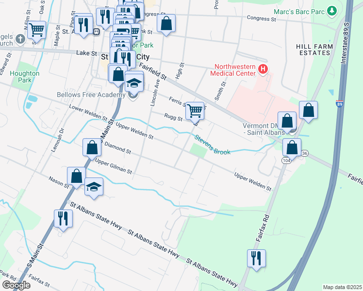 map of restaurants, bars, coffee shops, grocery stores, and more near 42 Barlow Street in Saint Albans City