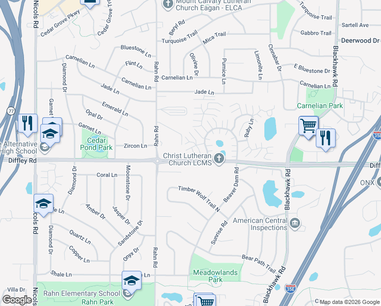 map of restaurants, bars, coffee shops, grocery stores, and more near 1975 Diffley Road in Eagan