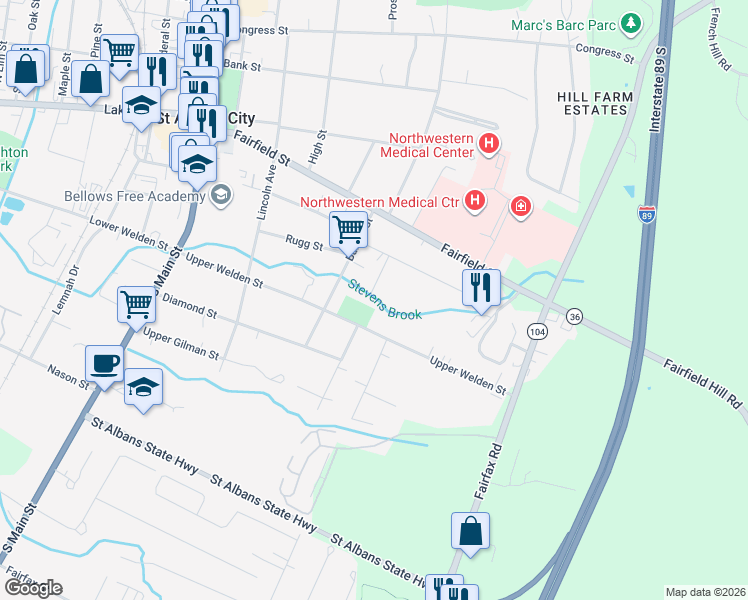 map of restaurants, bars, coffee shops, grocery stores, and more near 11 Quintin Court in Saint Albans City
