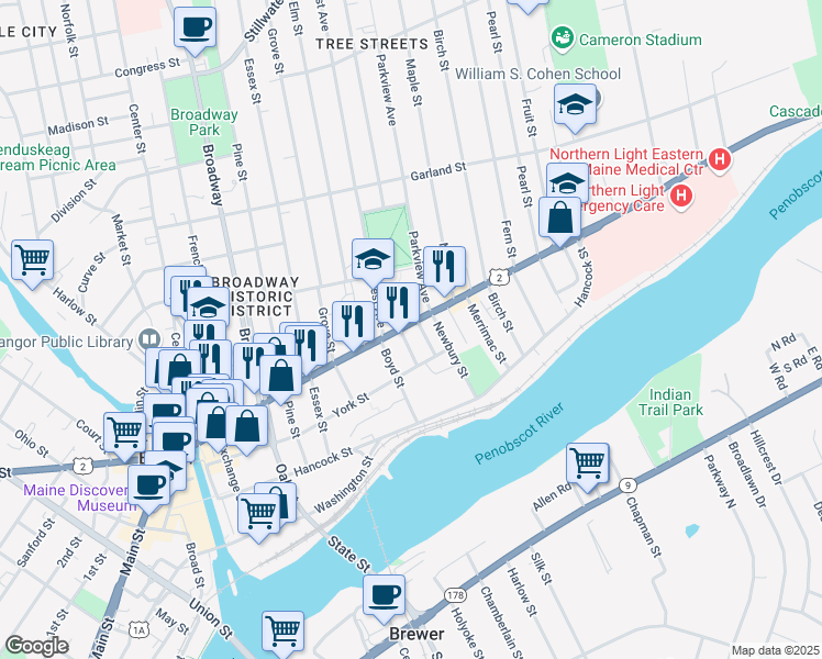 map of restaurants, bars, coffee shops, grocery stores, and more near 217 State Street in Bangor