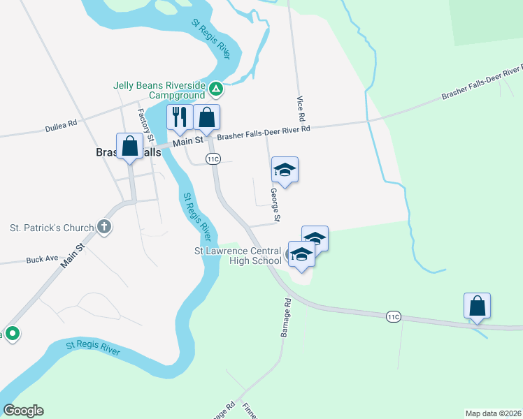 map of restaurants, bars, coffee shops, grocery stores, and more near 7 West Street in Brasher Falls