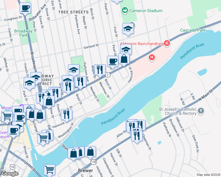 map of restaurants, bars, coffee shops, grocery stores, and more near 38 Merrimac Street in Bangor