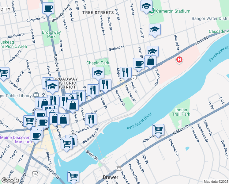 map of restaurants, bars, coffee shops, grocery stores, and more near 9 State Street Avenue in Bangor