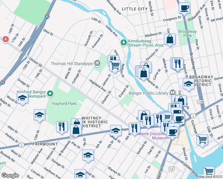 map of restaurants, bars, coffee shops, grocery stores, and more near 31 Highland Avenue in Bangor