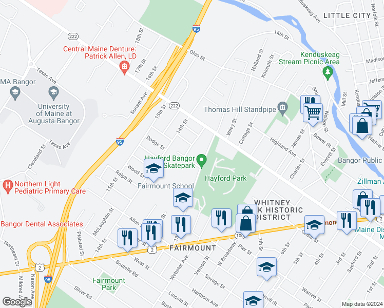 map of restaurants, bars, coffee shops, grocery stores, and more near 13 Rutland Street in Bangor