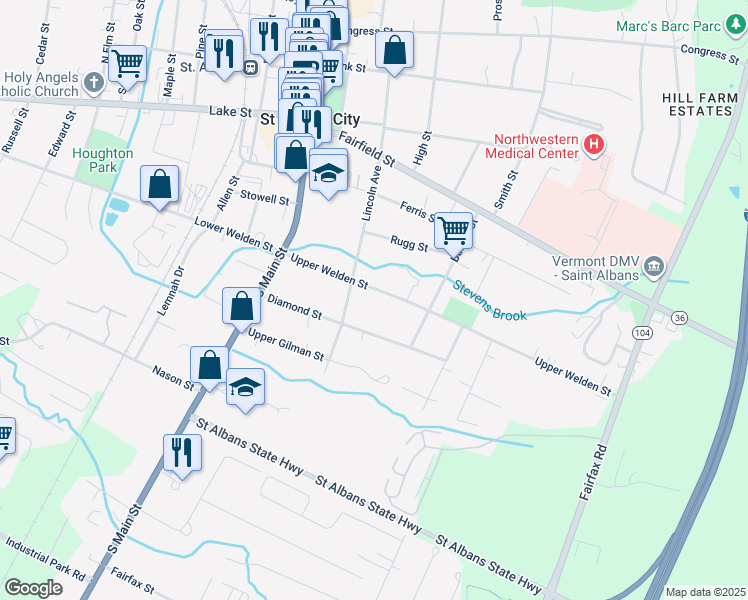 map of restaurants, bars, coffee shops, grocery stores, and more near 111 Lincoln Avenue in Saint Albans City