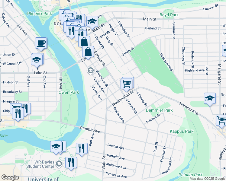 map of restaurants, bars, coffee shops, grocery stores, and more near 1011 State Street in Eau Claire