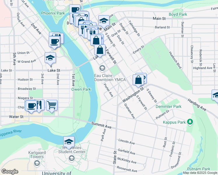 map of restaurants, bars, coffee shops, grocery stores, and more near 149 Newton Street in Eau Claire
