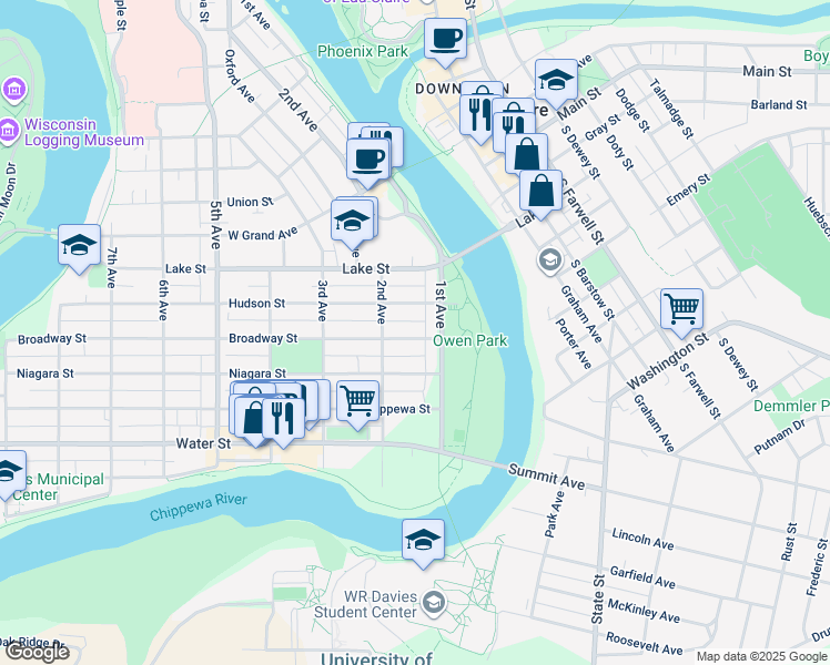 map of restaurants, bars, coffee shops, grocery stores, and more near 122 Broadway Street in Eau Claire