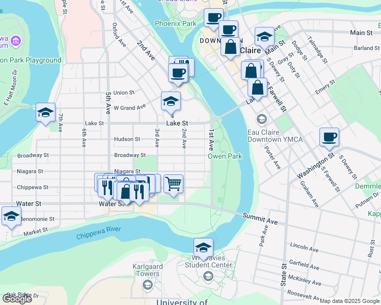 map of restaurants, bars, coffee shops, grocery stores, and more near 140 Broadway Street in Eau Claire