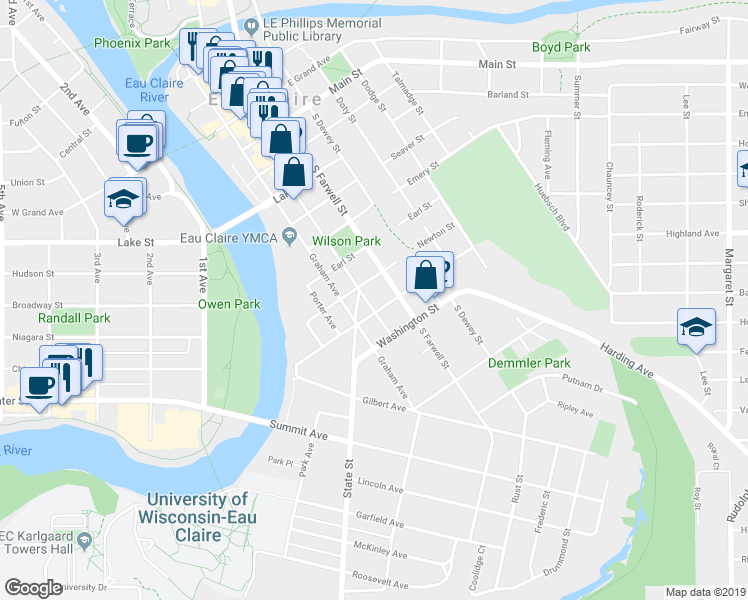 map of restaurants, bars, coffee shops, grocery stores, and more near 1015 South Barstow Street in Eau Claire