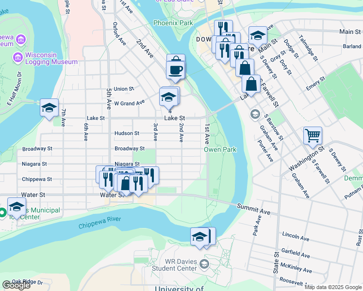 map of restaurants, bars, coffee shops, grocery stores, and more near 140 Broadway Street in Eau Claire