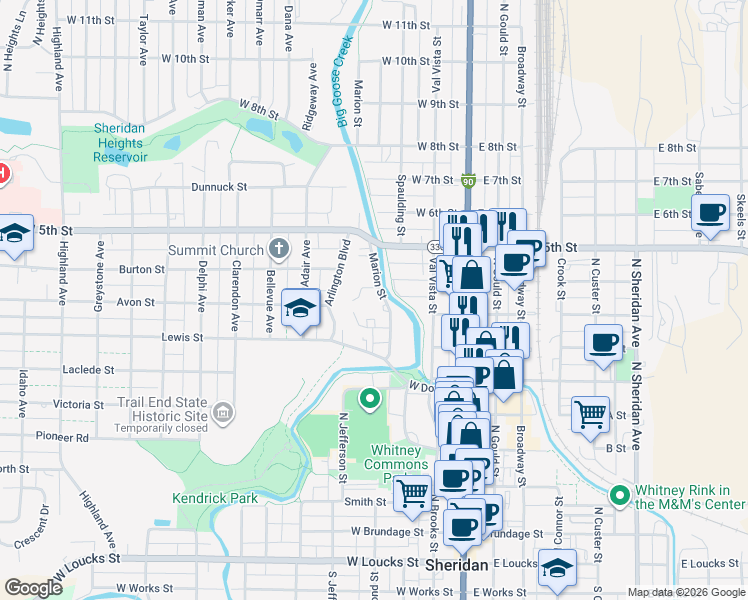 map of restaurants, bars, coffee shops, grocery stores, and more near 726 Marion Street in Sheridan
