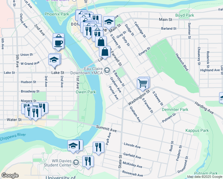 map of restaurants, bars, coffee shops, grocery stores, and more near 907 Porter Avenue in Eau Claire