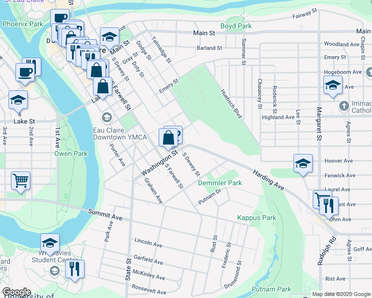 map of restaurants, bars, coffee shops, grocery stores, and more near 1203 South Dewey Street in Eau Claire