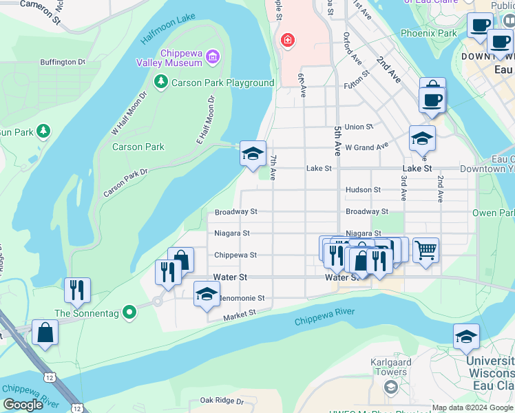 map of restaurants, bars, coffee shops, grocery stores, and more near 720 Broadway Street in Eau Claire