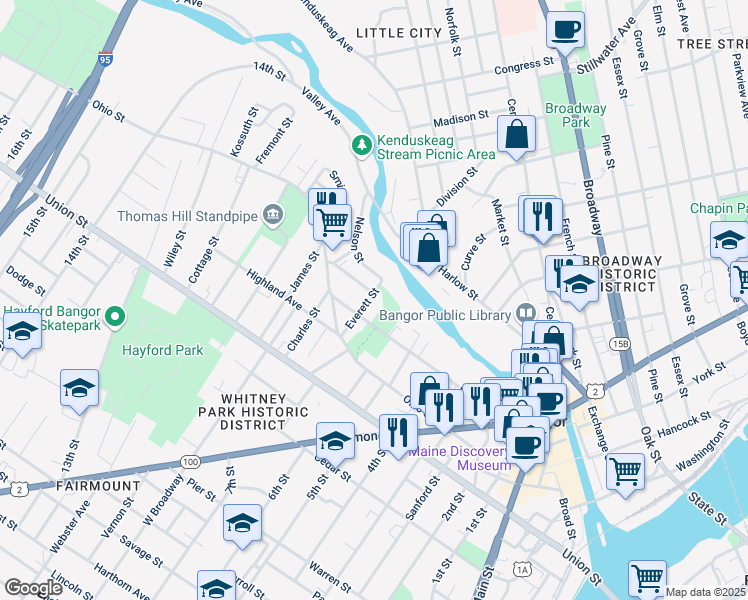map of restaurants, bars, coffee shops, grocery stores, and more near 39 Everett Street in Bangor