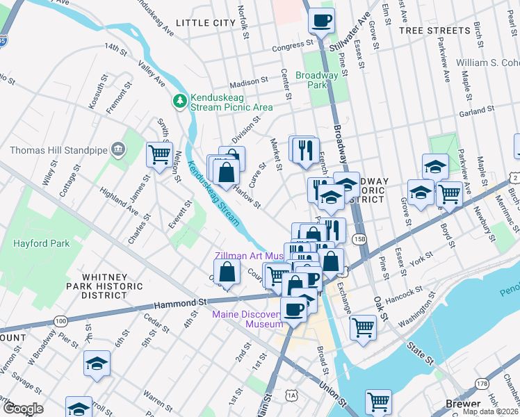 map of restaurants, bars, coffee shops, grocery stores, and more near Harlow Street in Bangor