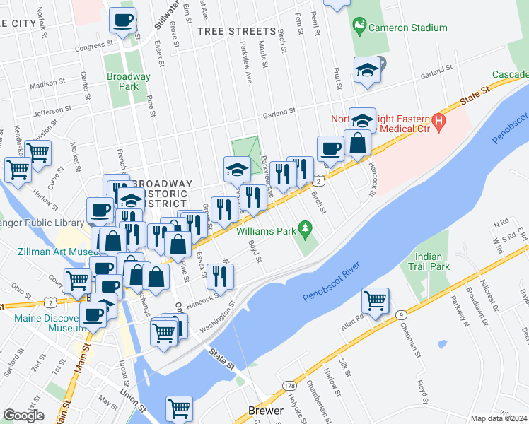 map of restaurants, bars, coffee shops, grocery stores, and more near 9 State Street Avenue in Bangor