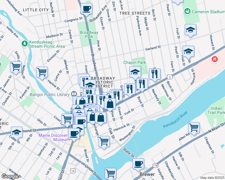map of restaurants, bars, coffee shops, grocery stores, and more near 103 Essex Street in Bangor