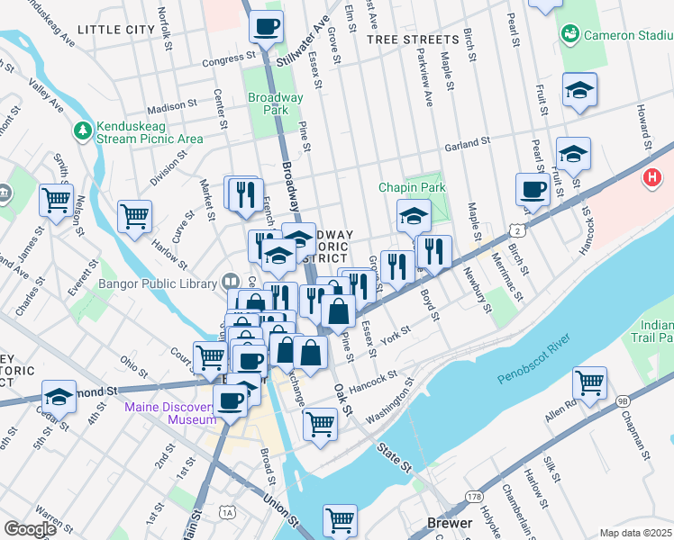 map of restaurants, bars, coffee shops, grocery stores, and more near 79 Broadway in Bangor