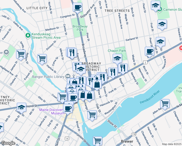 map of restaurants, bars, coffee shops, grocery stores, and more near 79 Broadway in Bangor